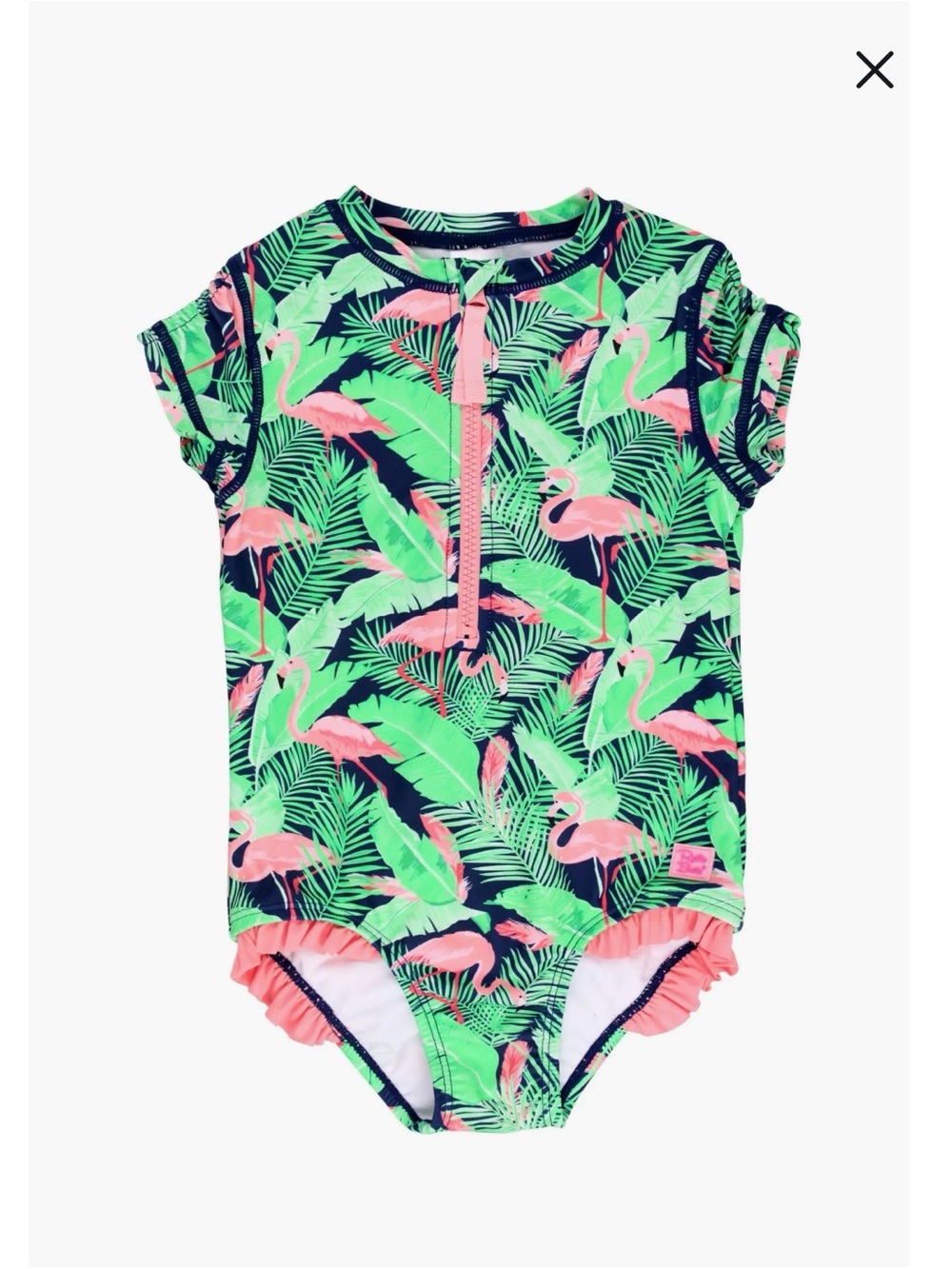 Ruffle Butts Neon Flamingo Zip Front One-Piece Swimsuit - Pink & Green 4T